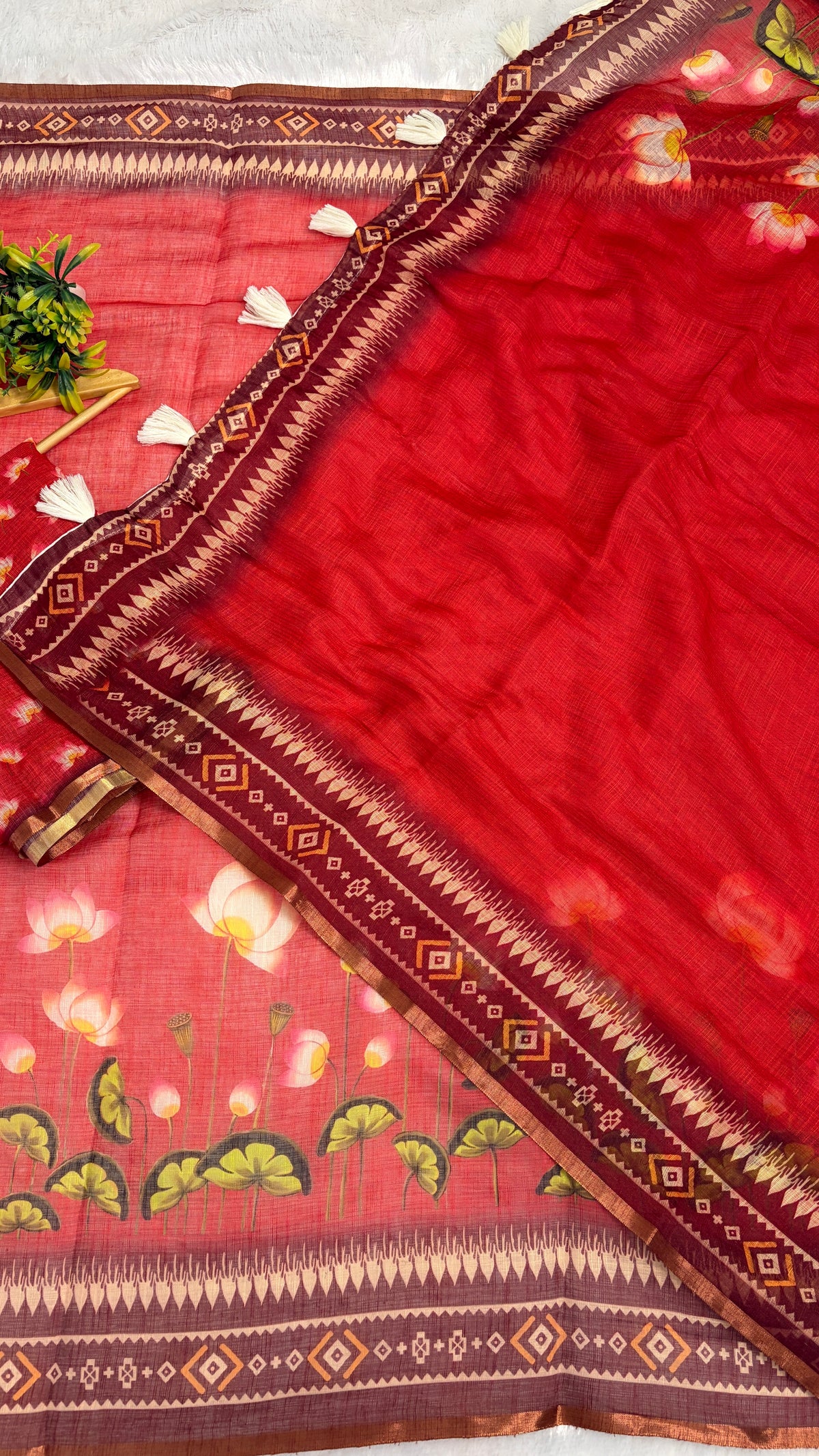 Cotton Linen Tomato Red Color with Flower Printed Saree