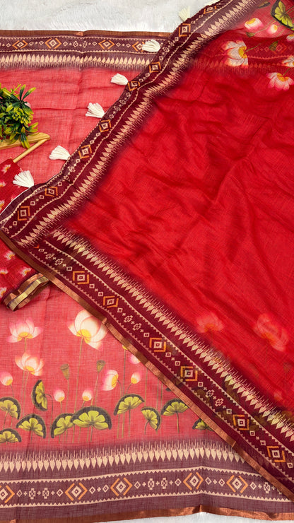 Cotton Linen Tomato Red Color with Flower Printed Saree
