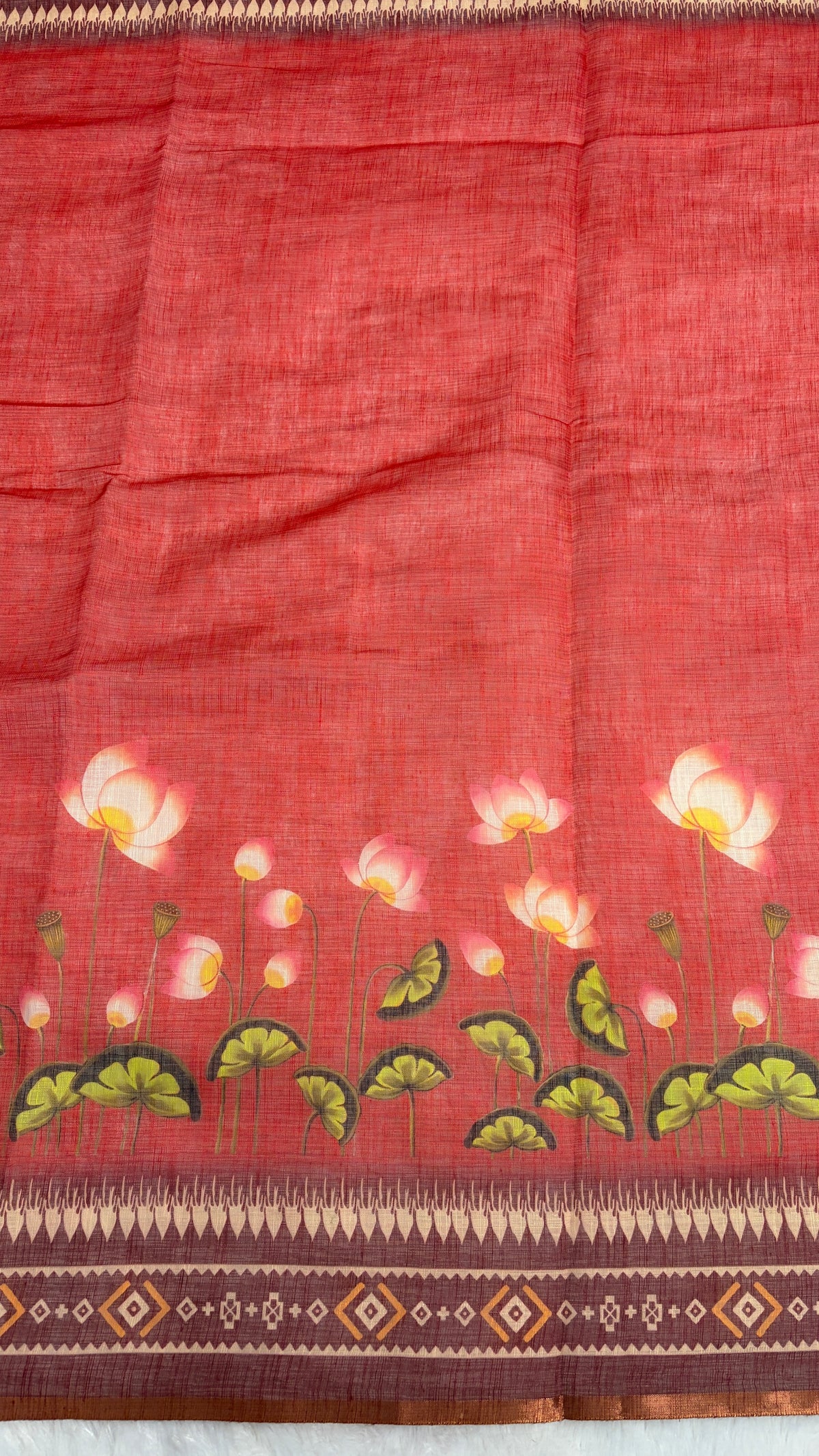 Cotton Linen Tomato Red Color with Flower Printed Saree