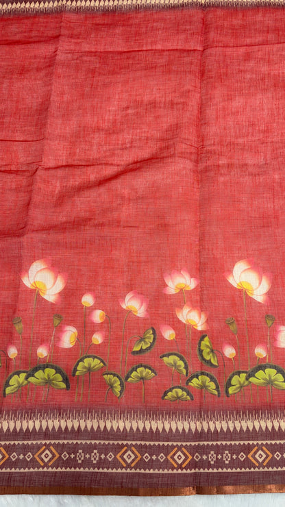 Cotton Linen Tomato Red Color with Flower Printed Saree
