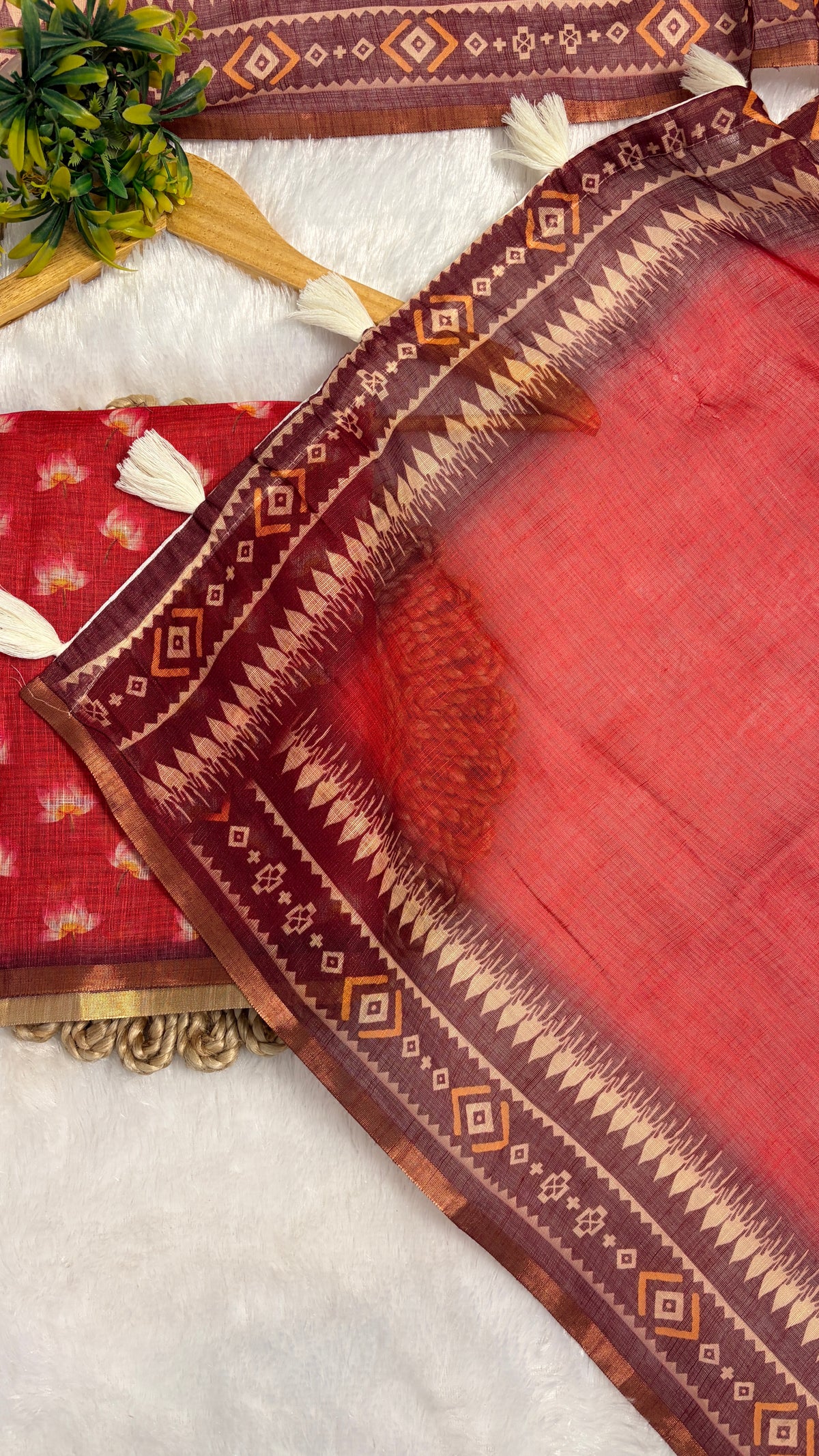 Cotton Linen Tomato Red Color with Flower Printed Saree