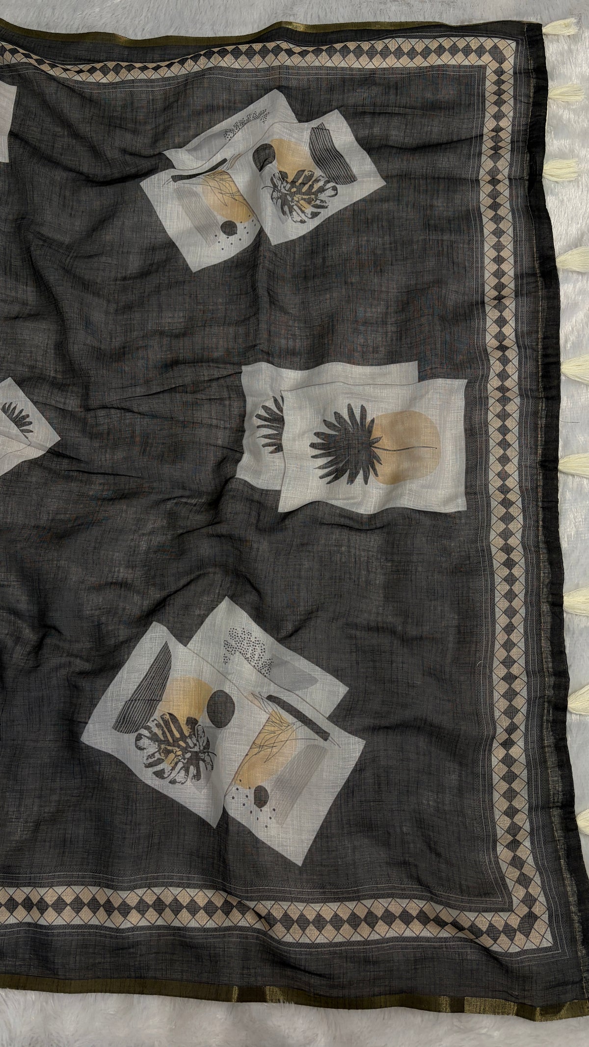 Cotton Linen Dark Black Color with abstract printed saree
