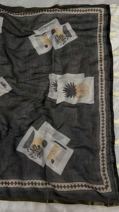 Cotton Linen Dark Black Color with abstract printed saree