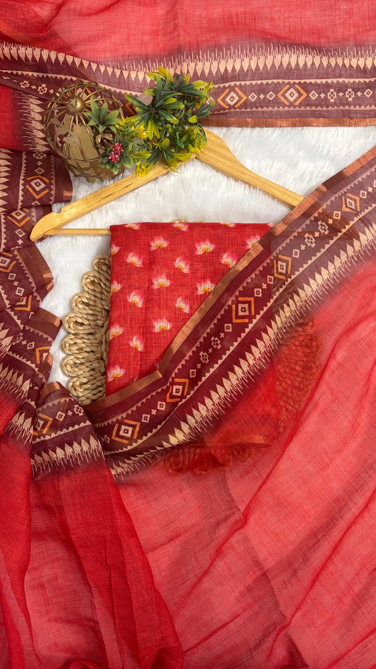 Cotton Linen Tomato Red Color with Flower Printed Saree