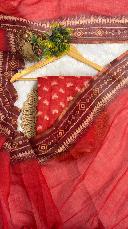 Cotton Linen Tomato Red Color with Flower Printed Saree