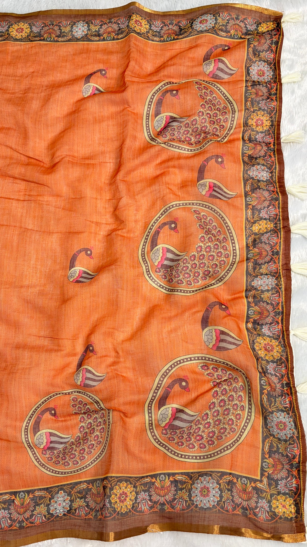 Cotton Linen Orange with Rust Color Blouse with Peacock Printed Saree