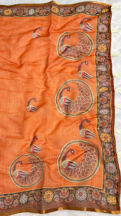 Cotton Linen Orange with Rust Color Blouse with Peacock Printed Saree