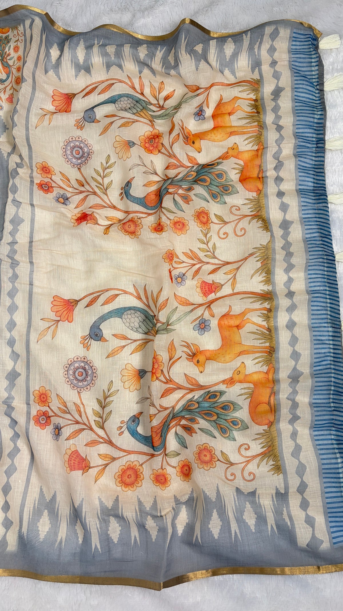 Cotton Linen Light Blue & White color combination with Animal Print Saree