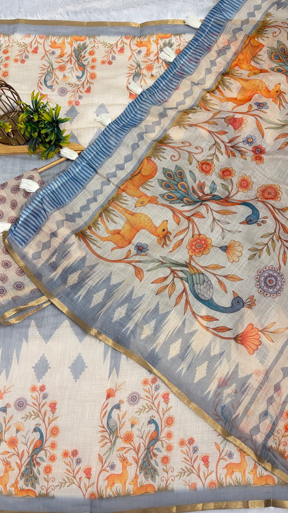 Cotton Linen Light Blue & White color combination with Animal Print Saree