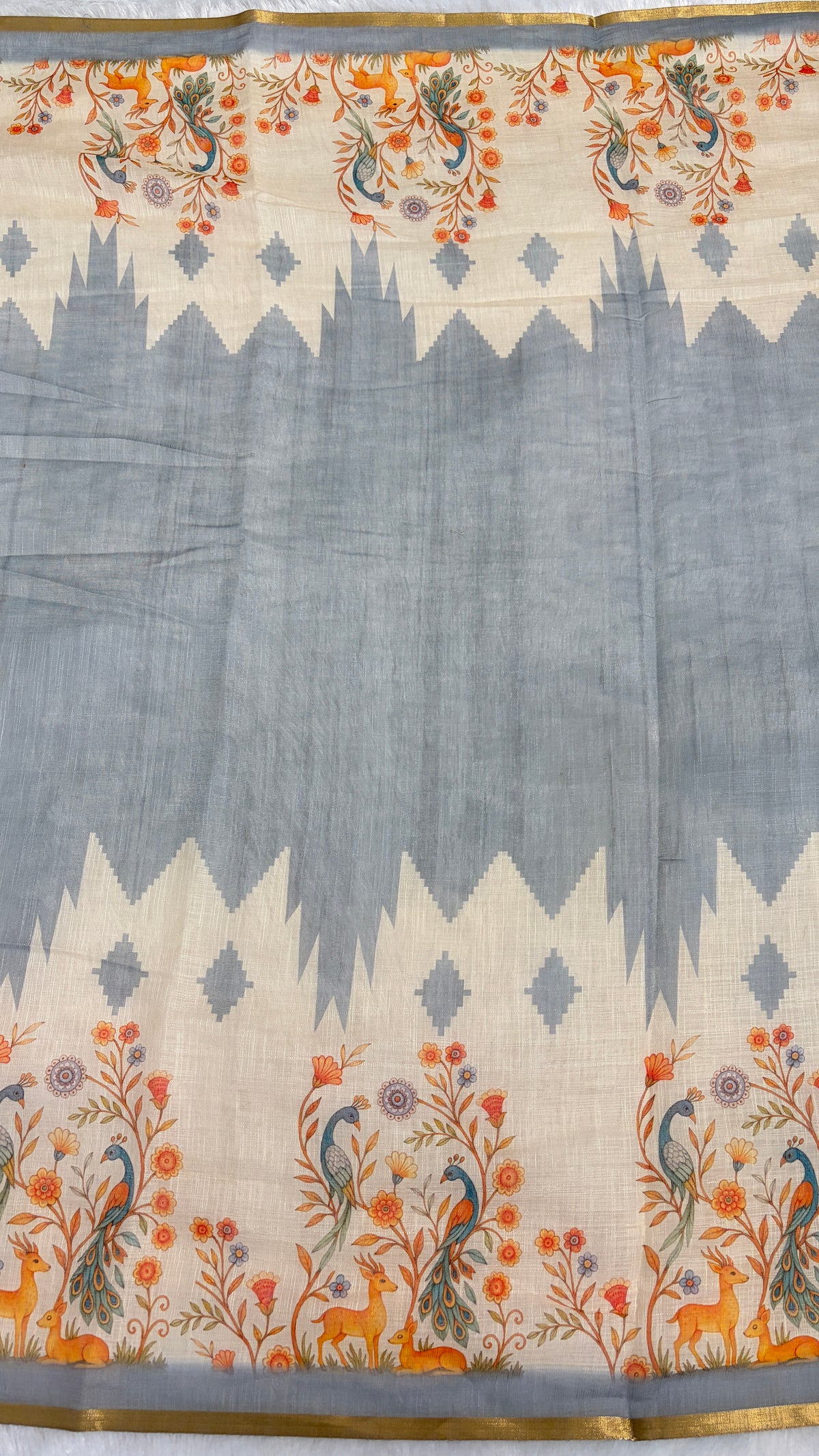 Cotton Linen Light Blue & White color combination with Animal Print Saree