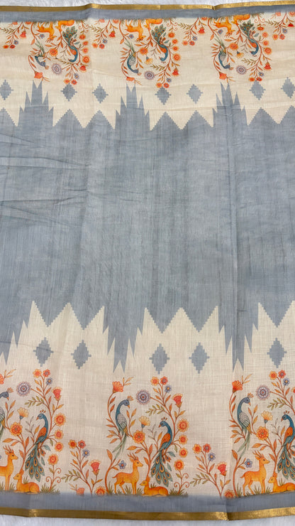 Cotton Linen Light Blue & White color combination with Animal Print Saree