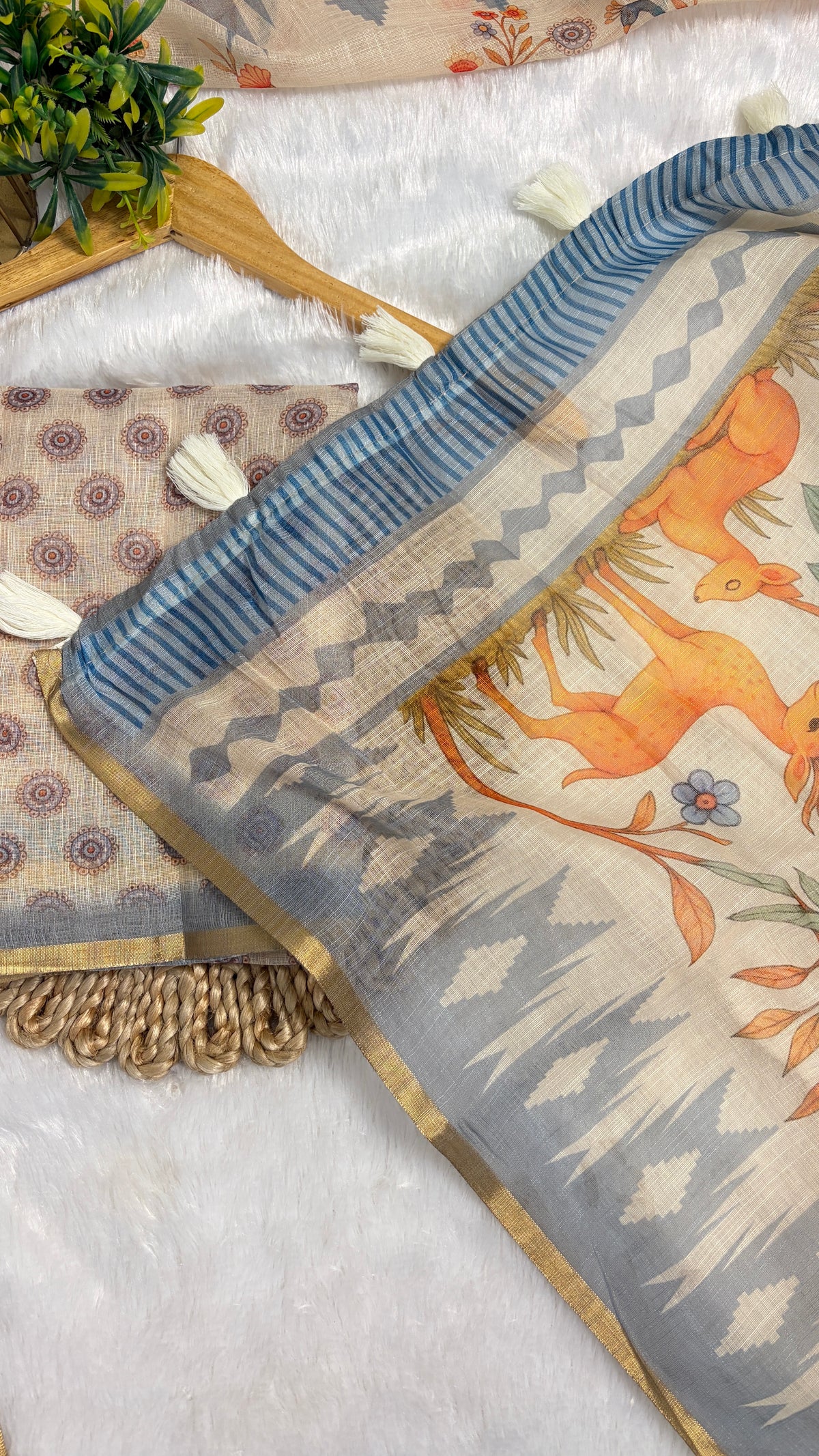 Cotton Linen Light Blue & White color combination with Animal Print Saree