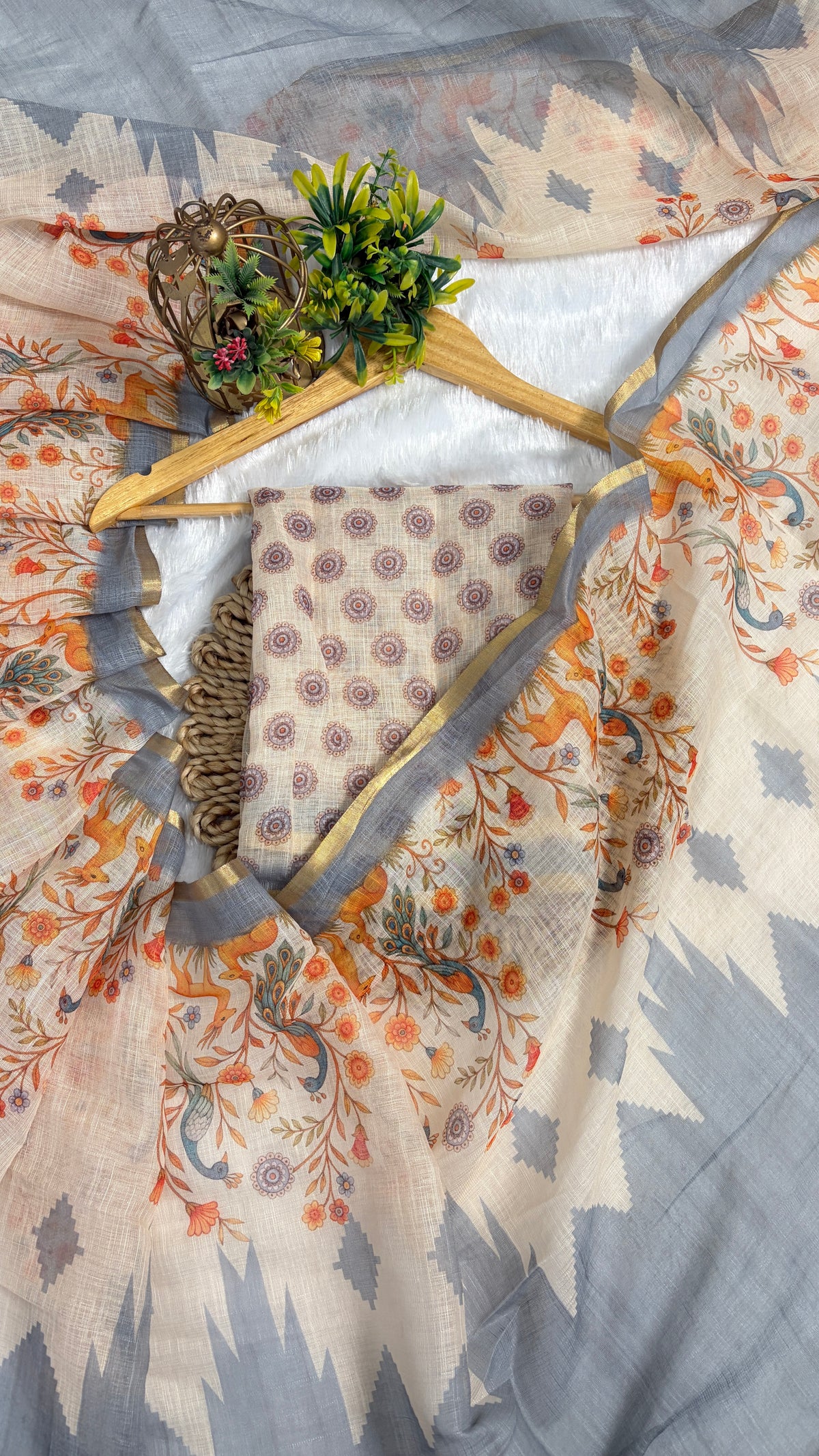 Cotton Linen Light Blue & White color combination with Animal Print Saree