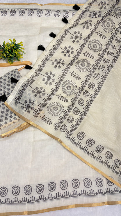 Cotton Linen Black & White Abstract Printed Saree With Black Tassels