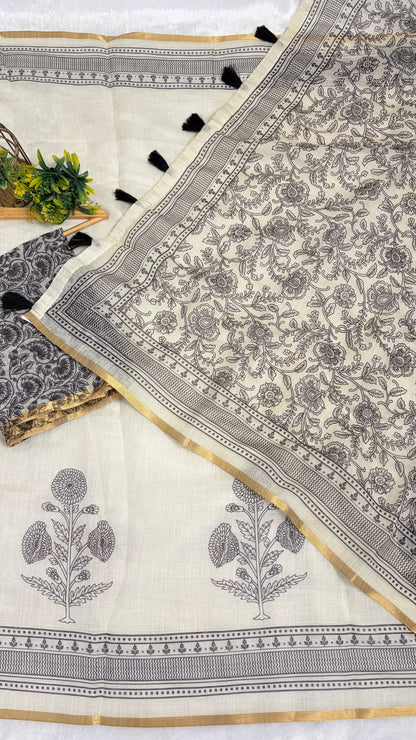Cotton Linen Black & White Abstract Printed Saree With Black Tassels