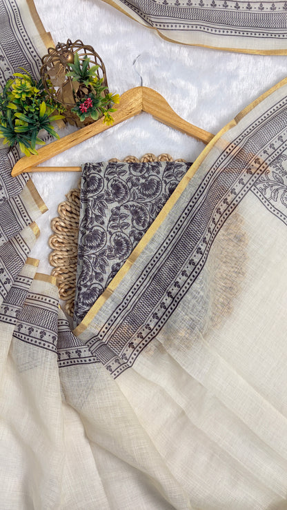 Cotton Linen Black & White Abstract Printed Saree With Black Tassels