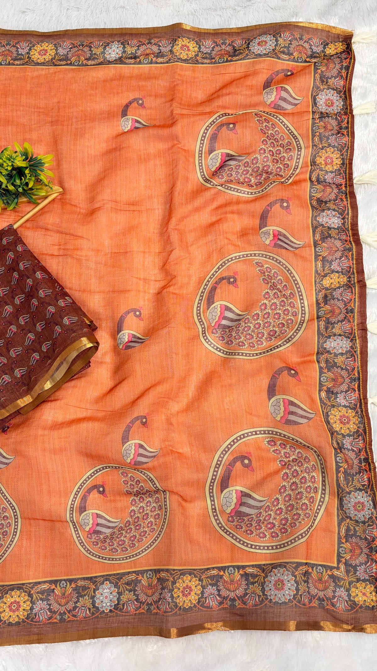 Cotton Linen Orange with Rust Color Blouse with Peacock Printed Saree