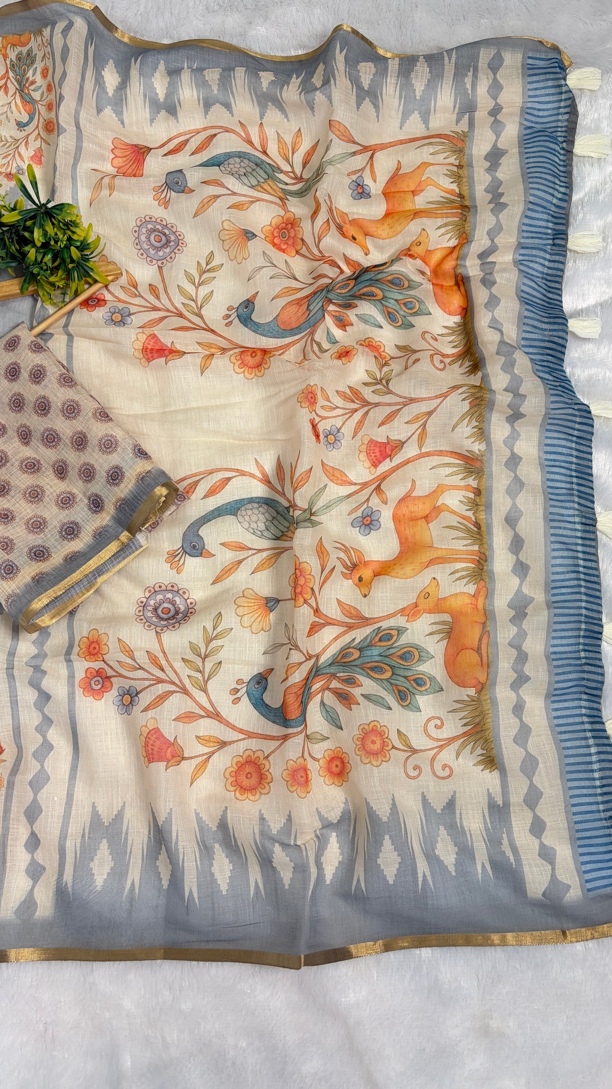 Cotton Linen Light Blue & White color combination with Animal Print Saree