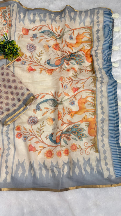 Cotton Linen Light Blue & White color combination with Animal Print Saree