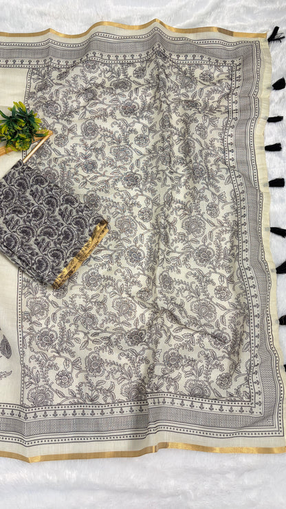 Cotton Linen Black & White Abstract Printed Saree With Black Tassels