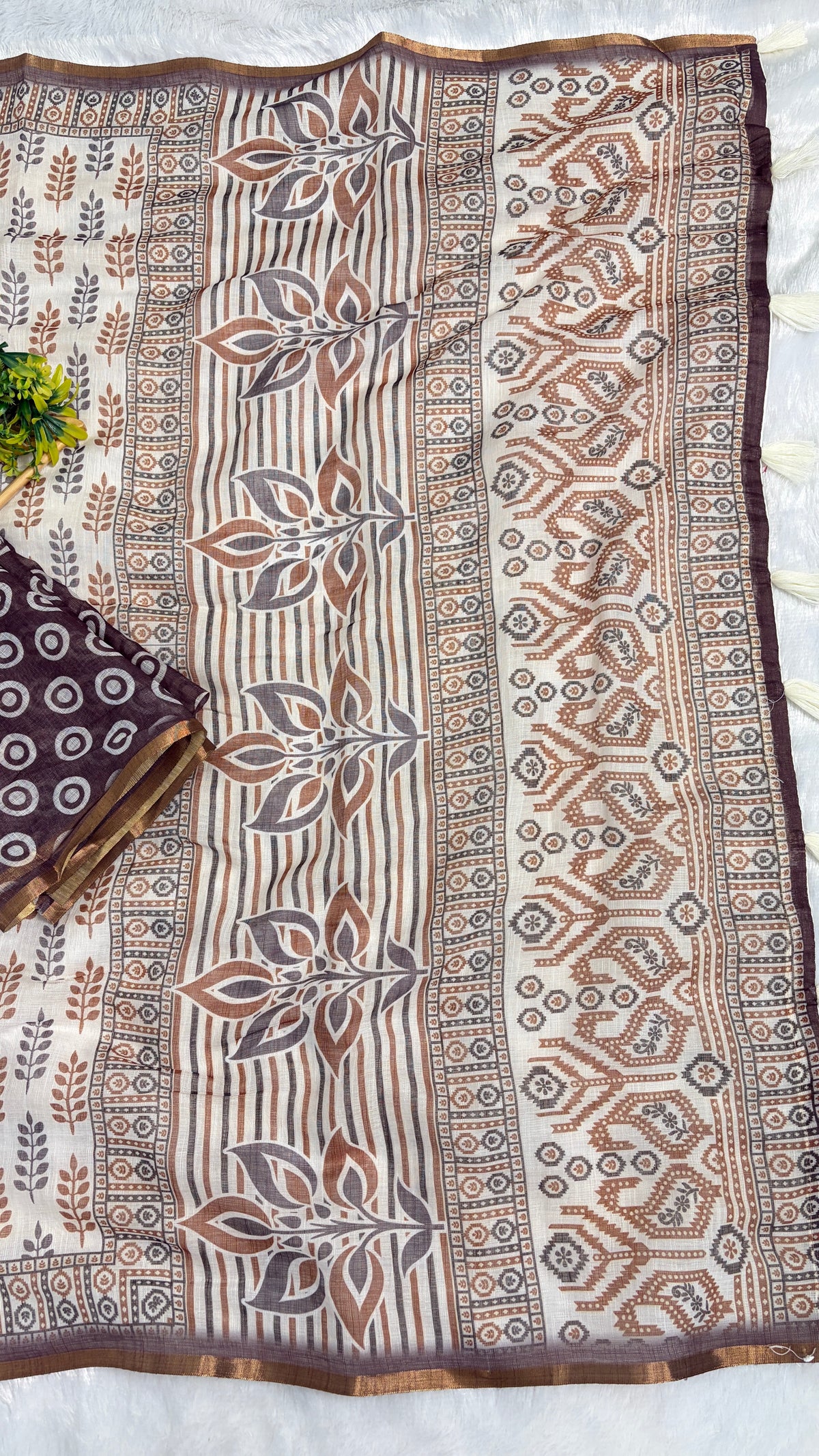 Cotton Linen White with Purple Color Blouse Heavy Printed Saree