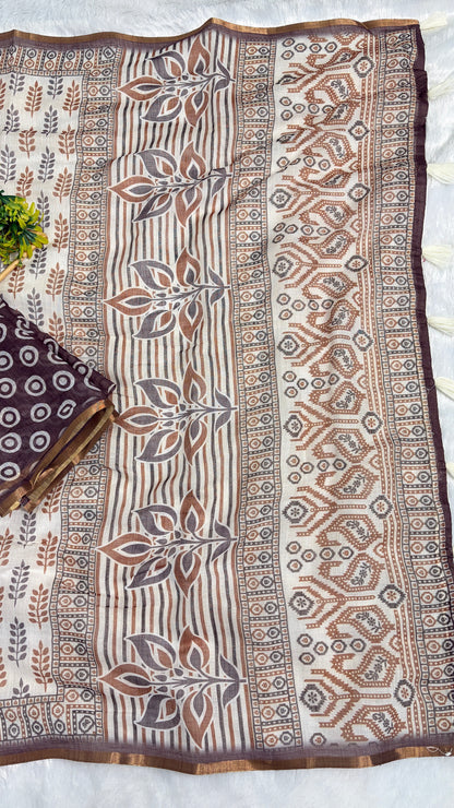 Cotton Linen White with Purple Color Blouse Heavy Printed Saree
