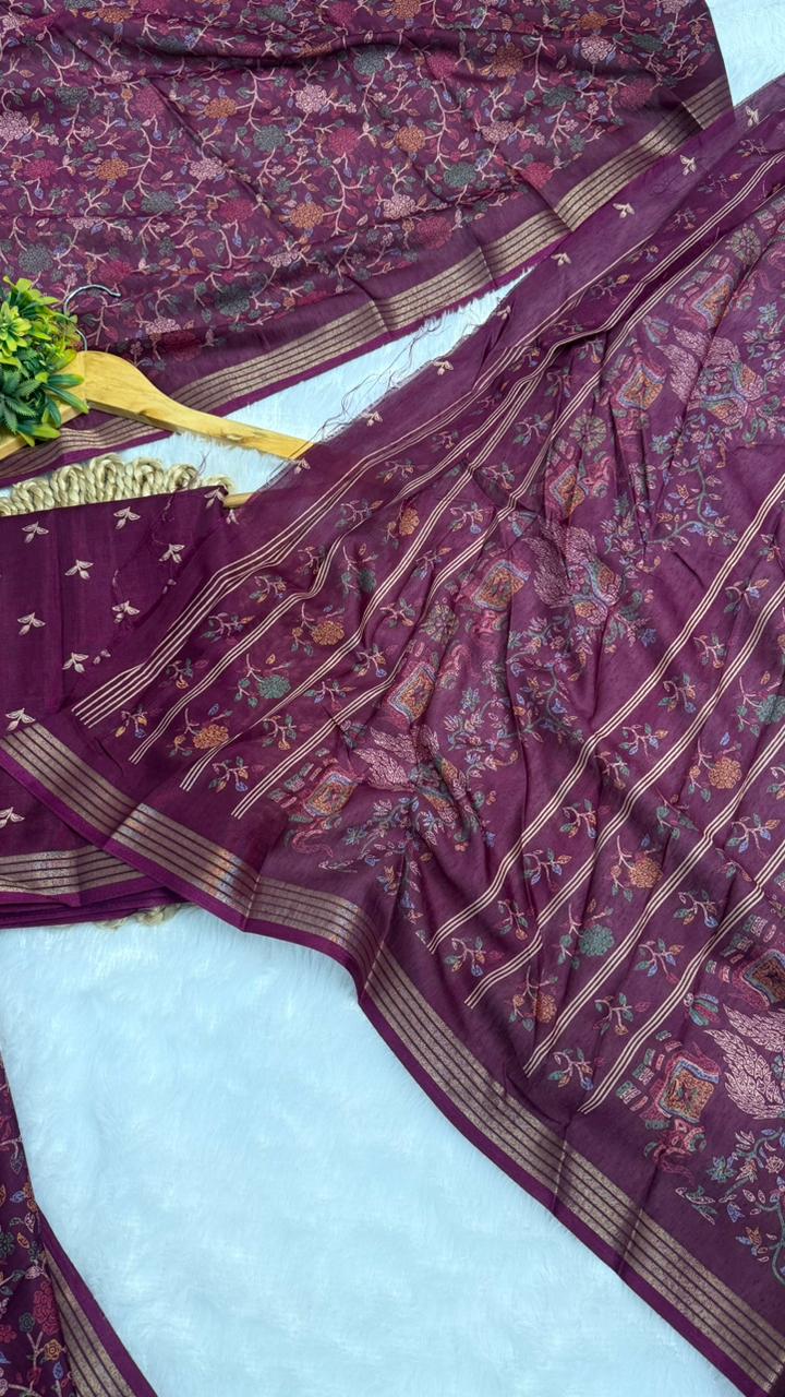 Mulmul Cotton Saree With Beautiful Peacock and Elephant Design