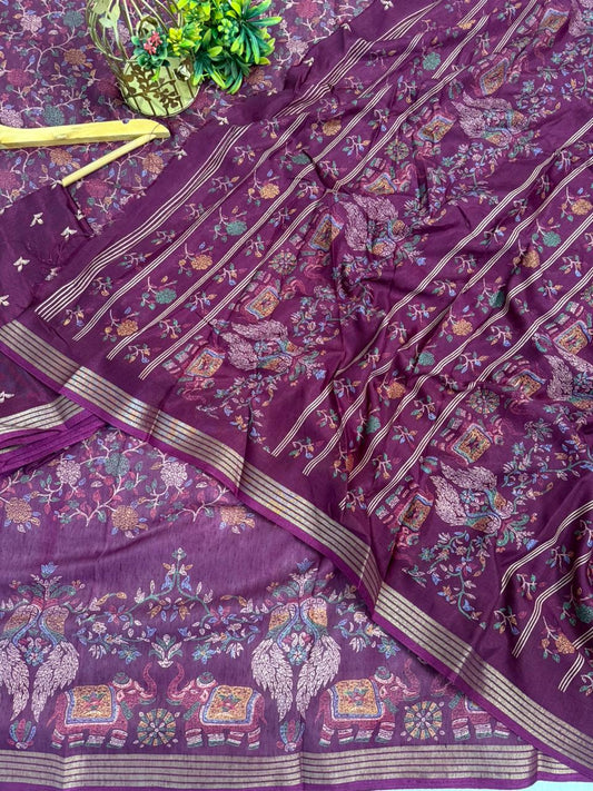 Mulmul Cotton Saree With Beautiful Peacock and Elephant Design