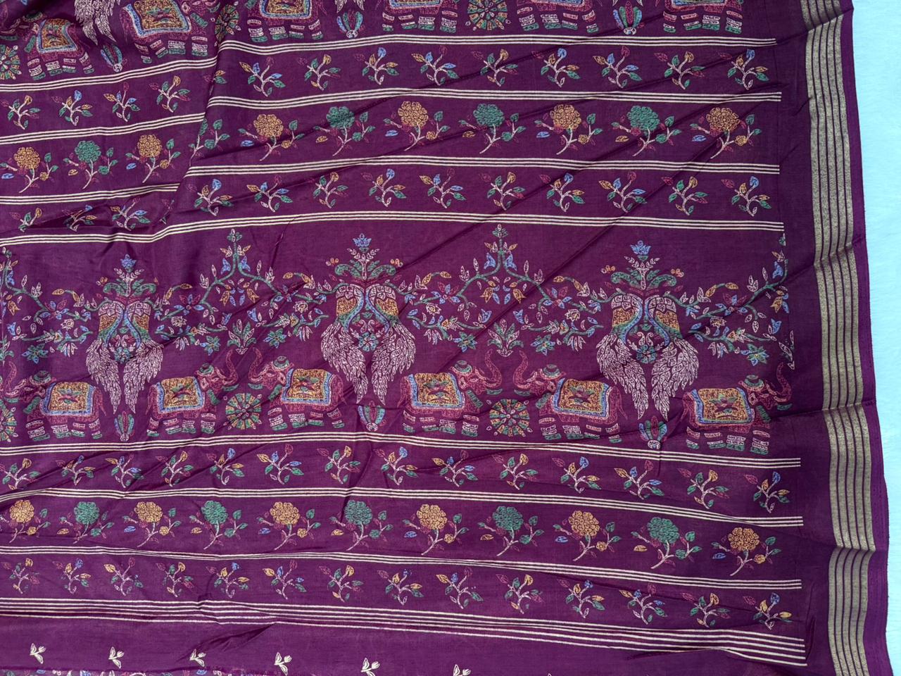 Mulmul Cotton Saree With Beautiful Peacock and Elephant Design