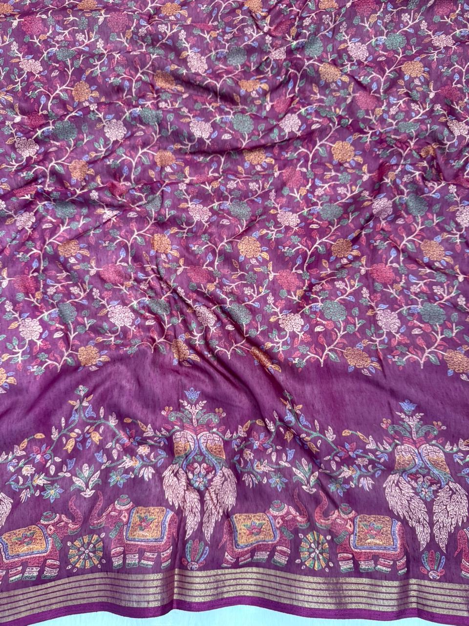 Mulmul Cotton Saree With Beautiful Peacock and Elephant Design