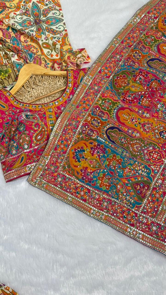 Pure Luxury Pashmina Kalamkari Saree with readymade blouse with Mirror Work