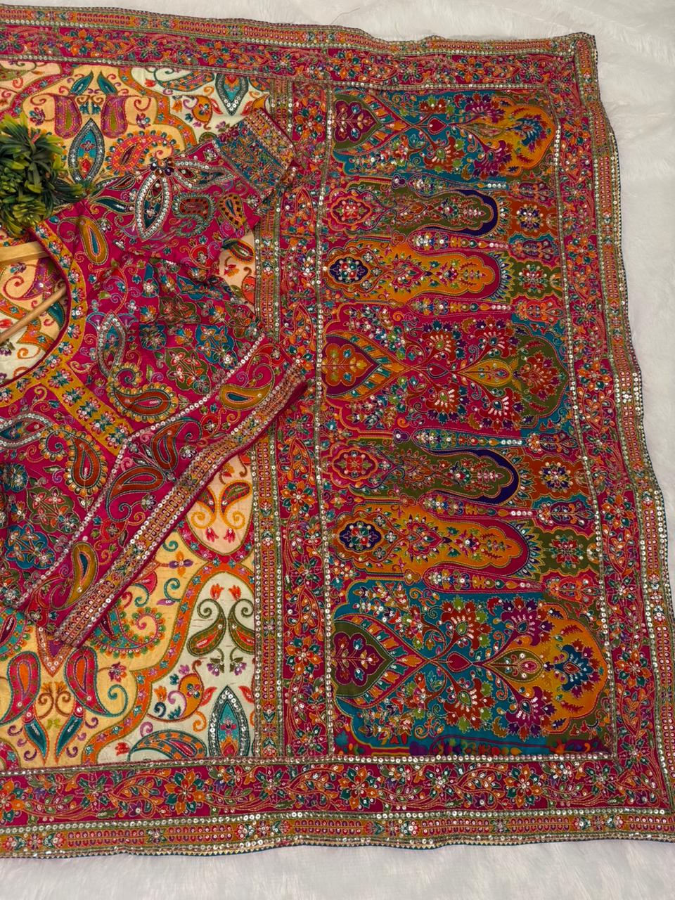 Pure Luxury Pashmina Kalamkari Saree with readymade blouse with Mirror Work