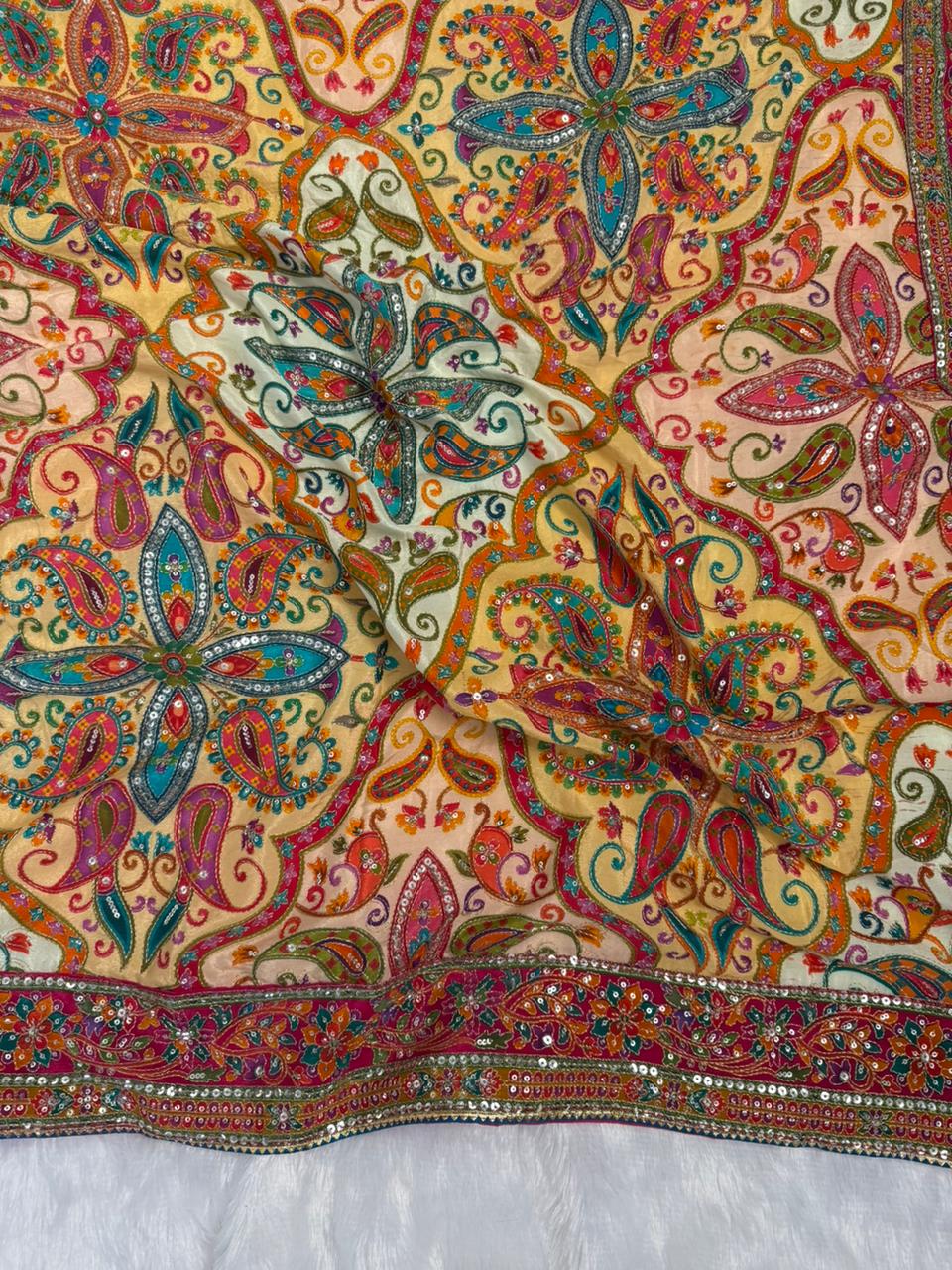 Pure Luxury Pashmina Kalamkari Saree with readymade blouse with Mirror Work