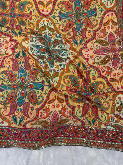 Pure Luxury Pashmina Kalamkari Saree with readymade blouse with Mirror Work