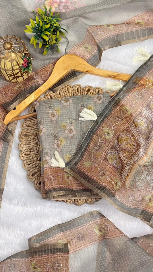Kota Doriya Small Beautiful Flower Print With Aari work