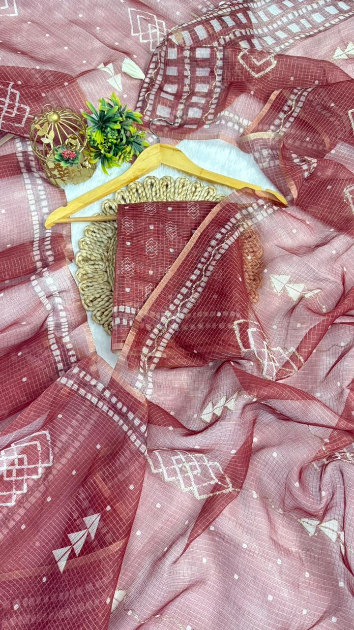 Kota Doriya Geometric Design Print With Aari Work