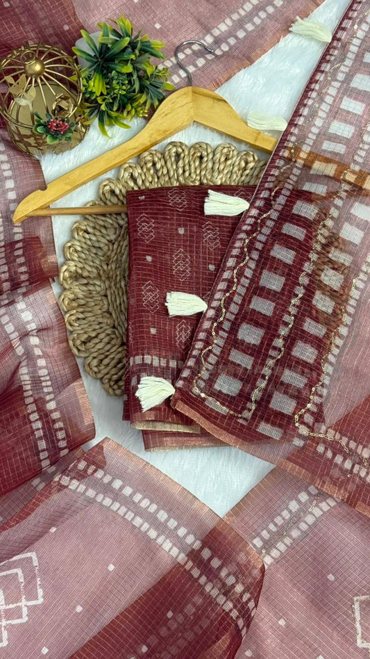 Kota Doriya Geometric Design Print With Aari Work