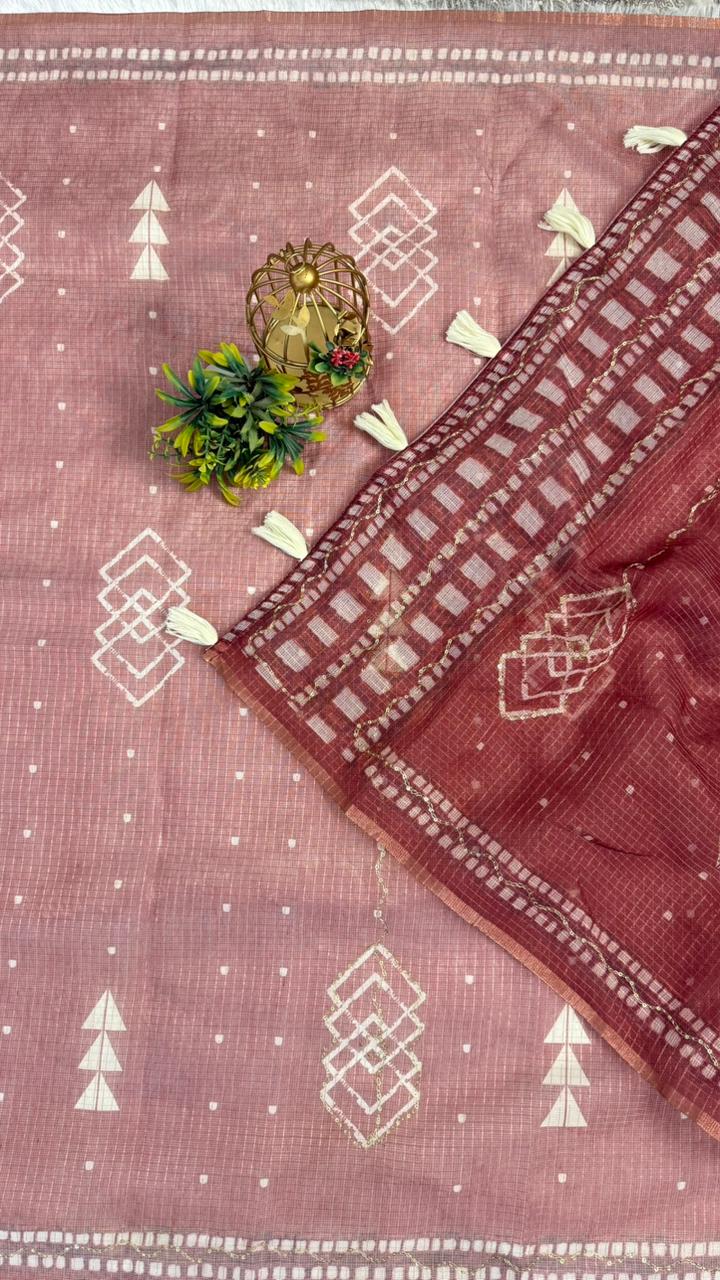 Kota Doriya Geometric Design Print With Aari Work
