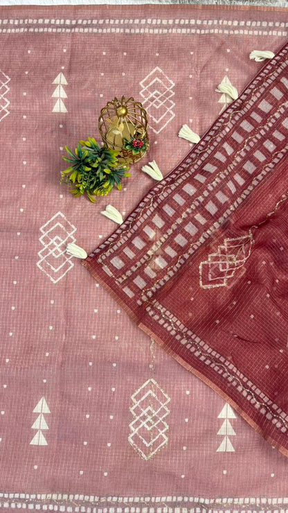 Kota Doriya Geometric Design Print With Aari Work