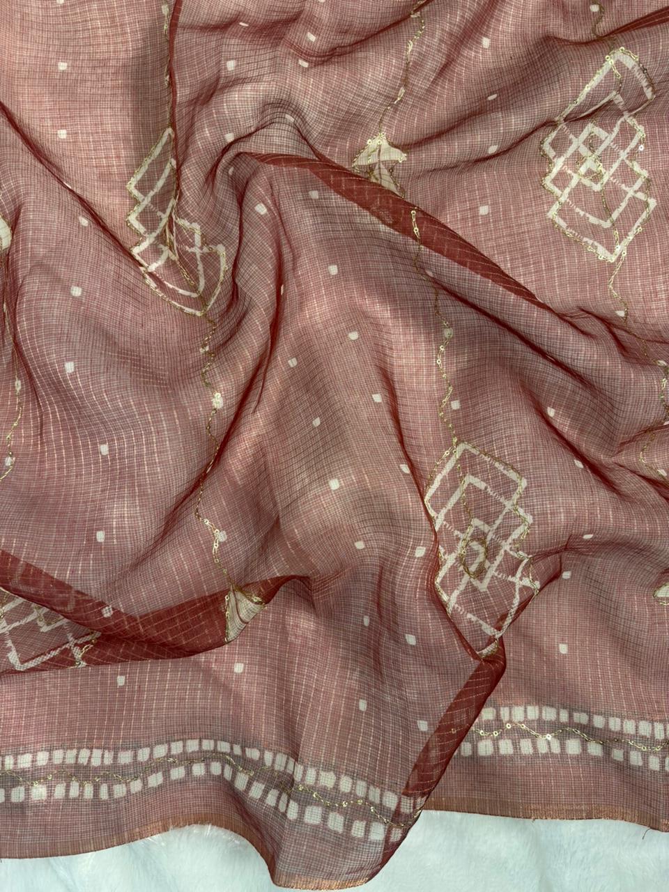 Kota Doriya Geometric Design Print With Aari Work
