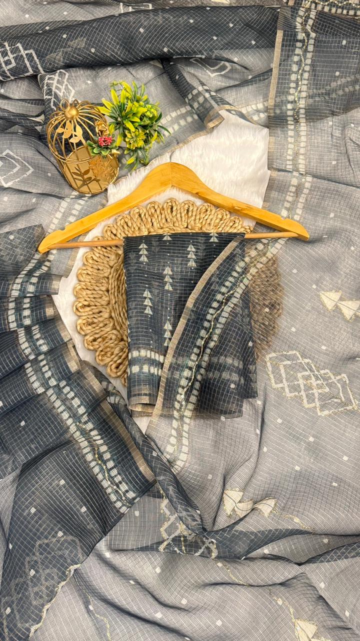 Kota Doriya Geometric Design Print With Aari Work