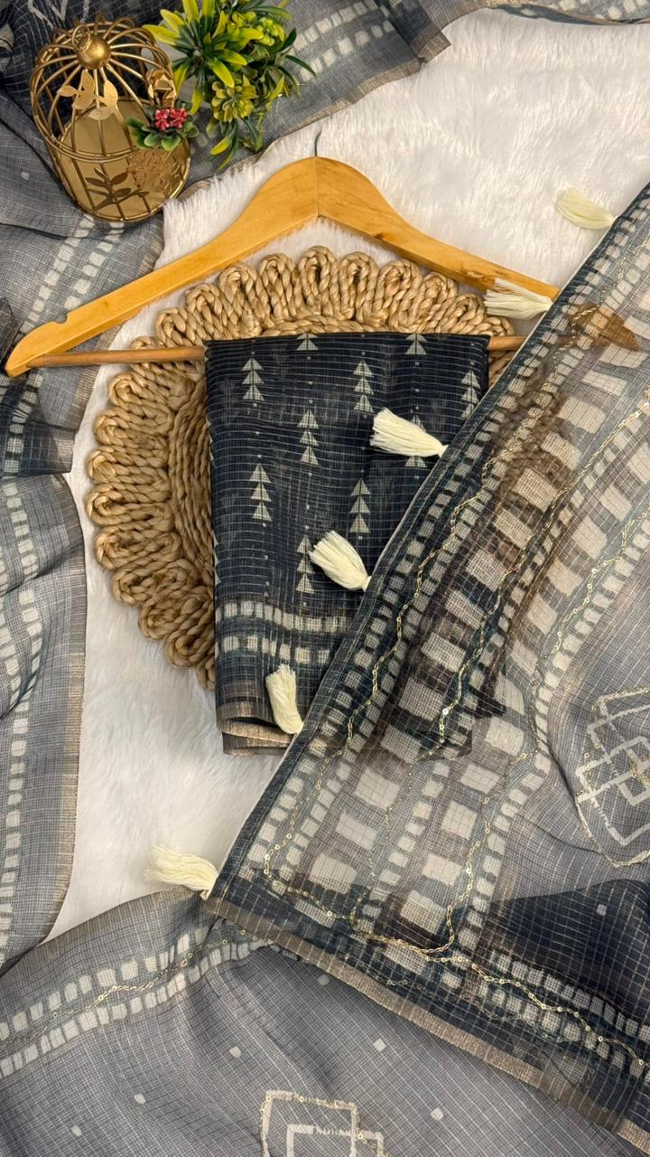 Kota Doriya Geometric Design Print With Aari Work