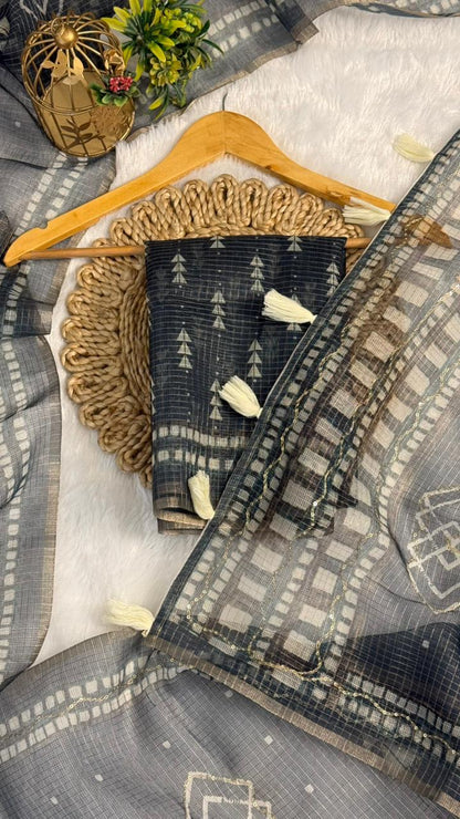 Kota Doriya Geometric Design Print With Aari Work