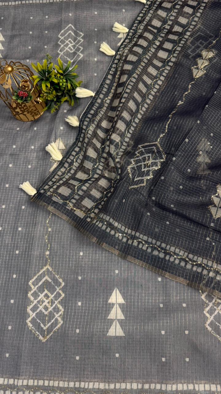 Kota Doriya Geometric Design Print With Aari Work