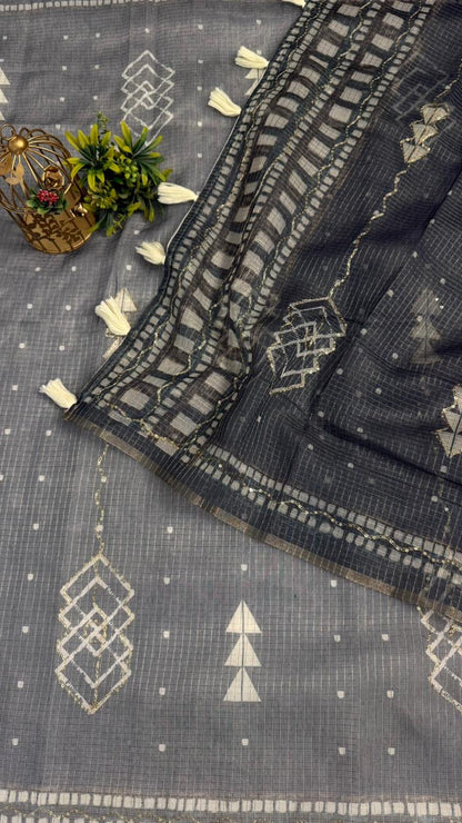 Kota Doriya Geometric Design Print With Aari Work
