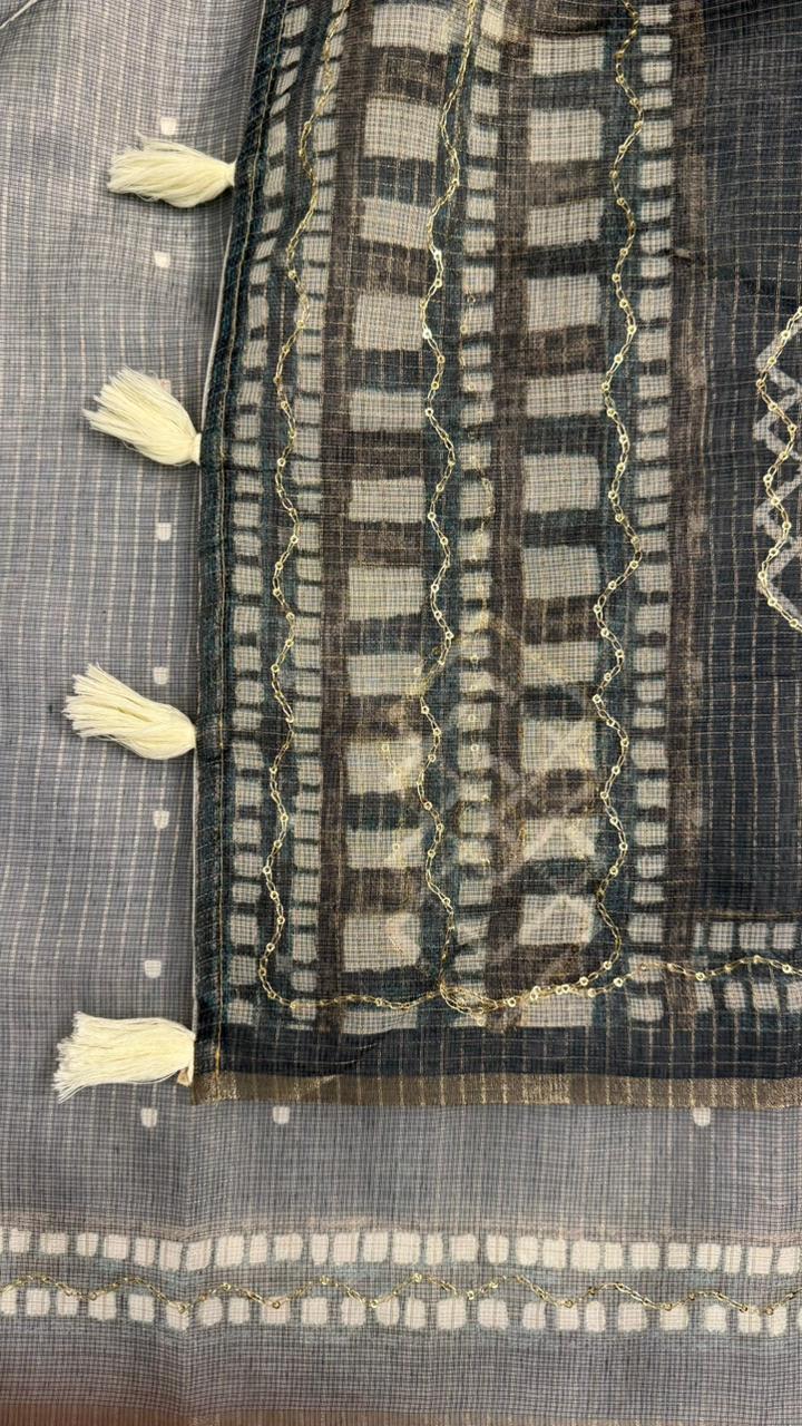 Kota Doriya Geometric Design Print With Aari Work