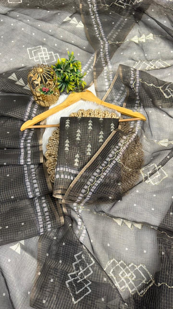 Kota Doriya Geometric Design Print With Aari Work