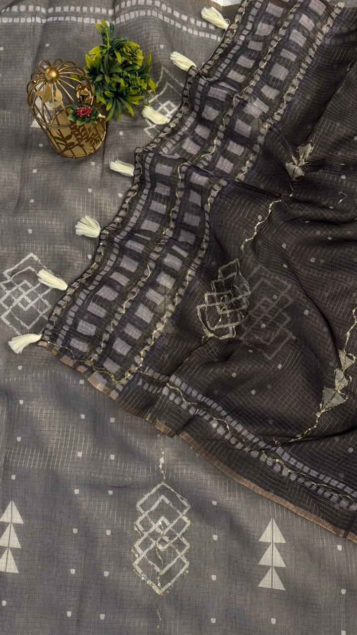 Kota Doriya Geometric Design Print With Aari Work