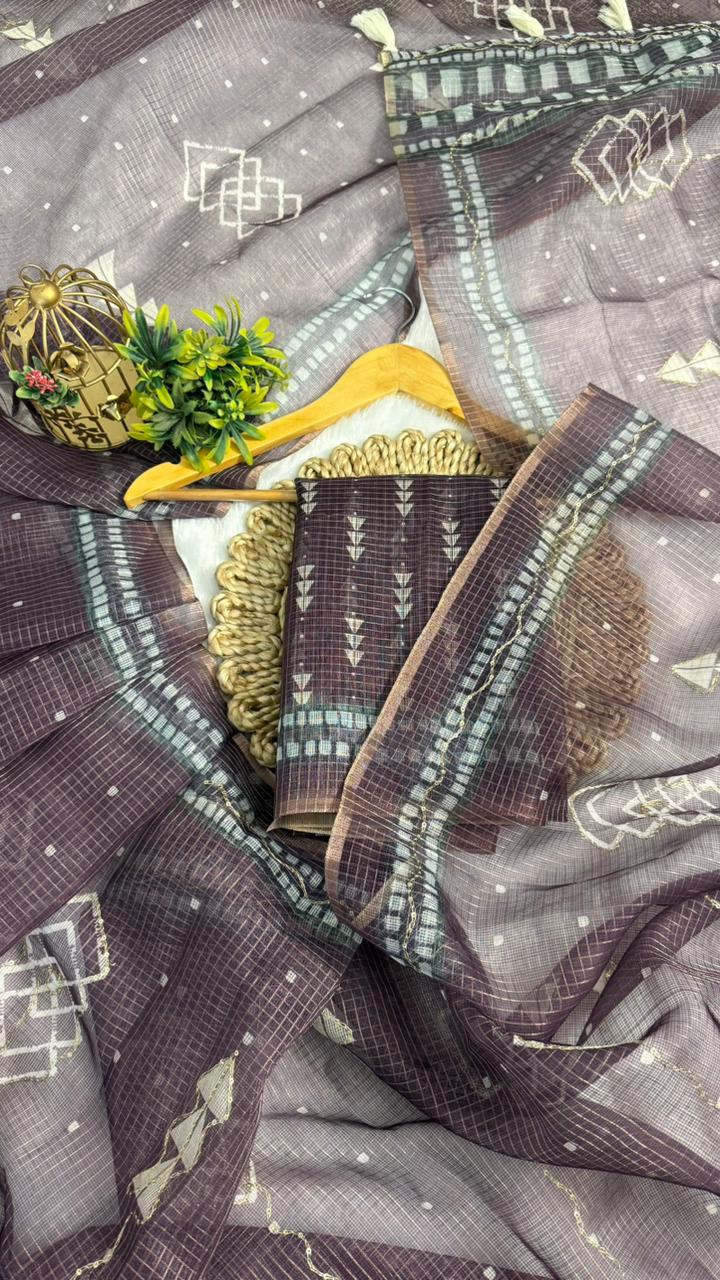 Kota Doriya Geometric Design Print With Aari Work