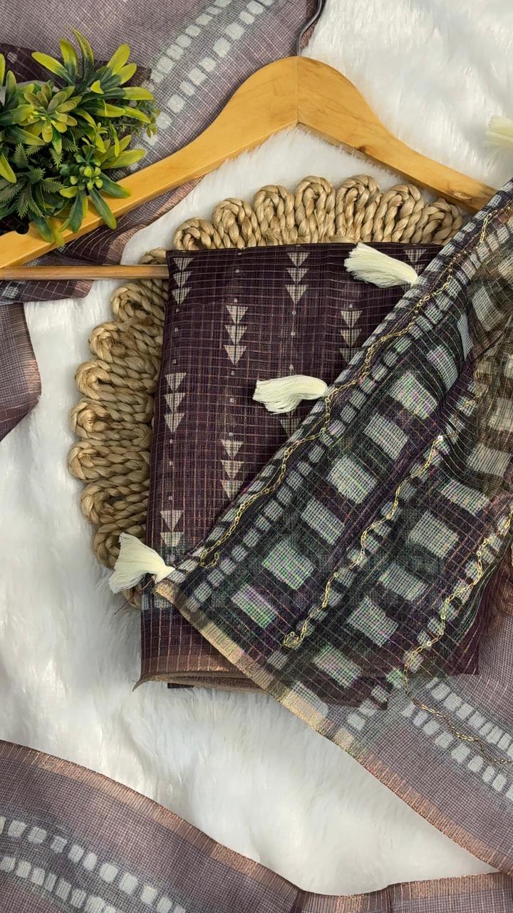 Kota Doriya Geometric Design Print With Aari Work